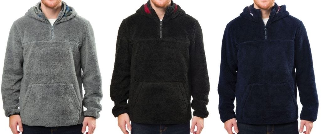 men wearing gray, black and blue sherpa sweatshirts