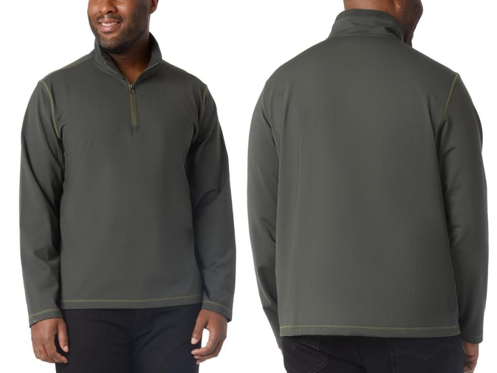 man wearing green 32 degrees 1/4 zip sweatshirt
