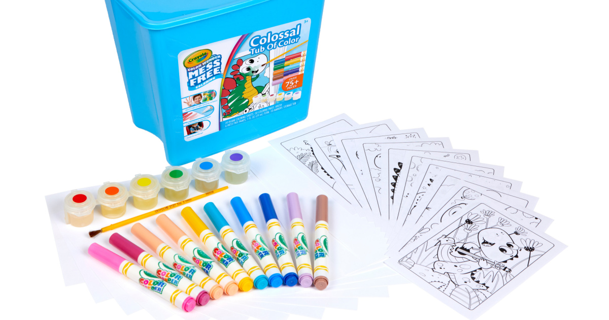blue tub of art supplies