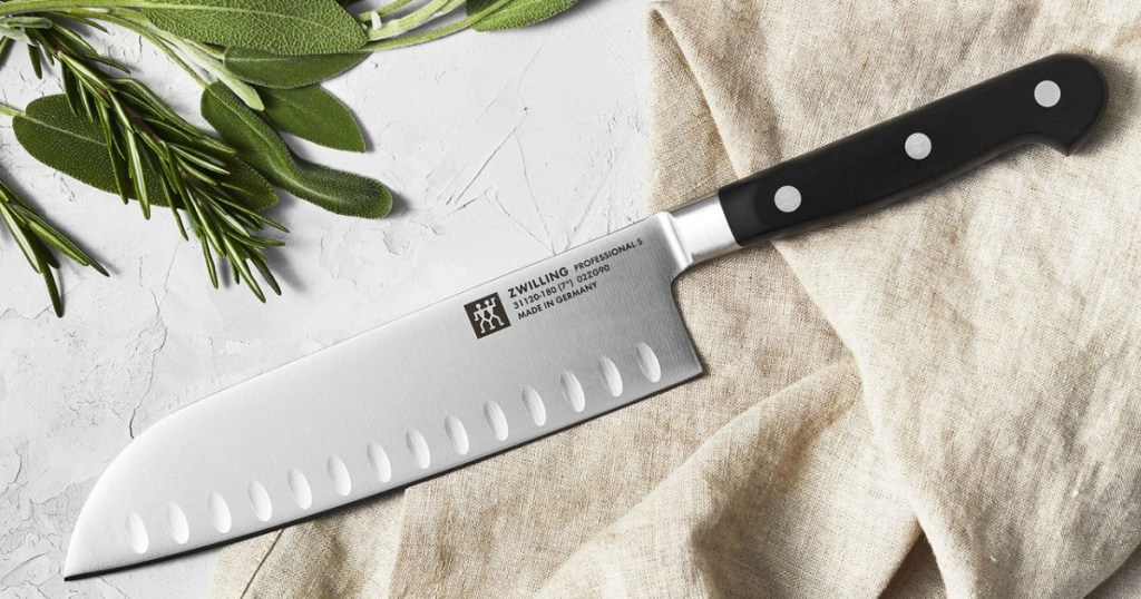 Zwilling Santoku knife sitting on counter