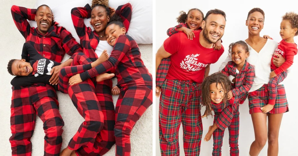 2 different families wearing matching plaid pajamas