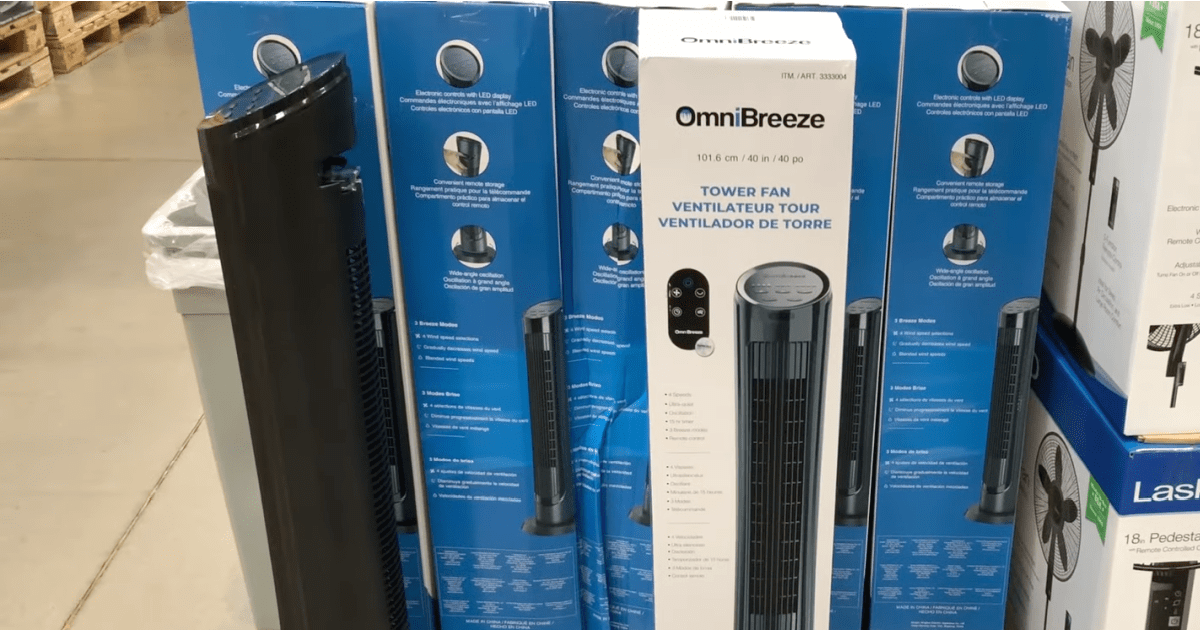 OmniBreeze Tower Fan on pallet in Costco