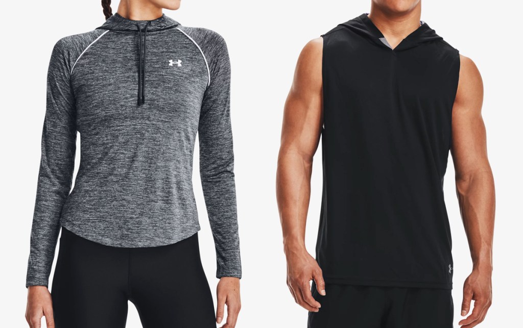 woman and man modeling under armour hoodies