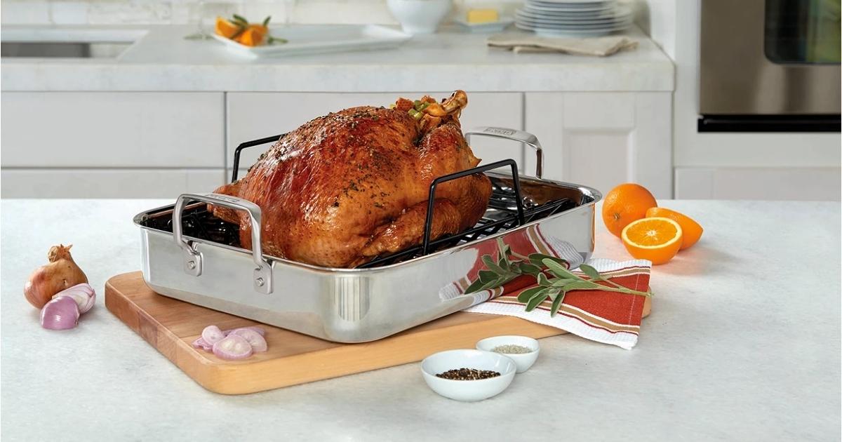 viking stainless steel roasting pan with turkey