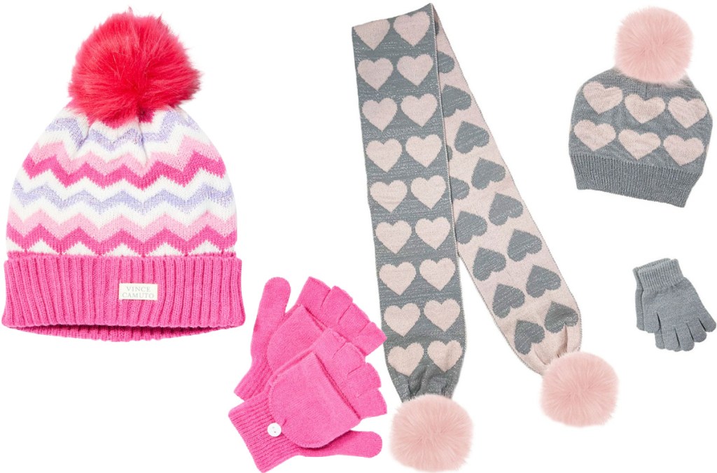 Vince Camuto Pink Chevron Stripe Sequin Pom-Pom Beanie & Pink Pop-Top Mittens and Toby Fairy Cloud Gray Heart Jacquard Scarf Set