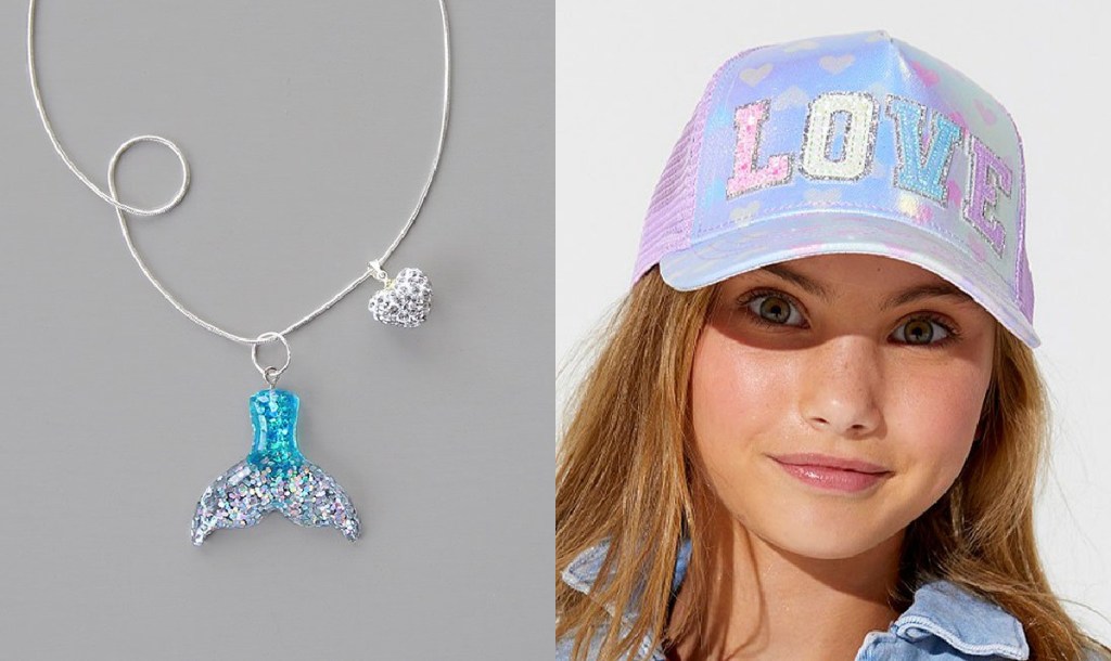 Whitney Elizabeth Aqua & Silver Mermaid Tail Charm Pendant Necklace and OMG Accessories Lavender Ombré Heart Glitter 'Love' Baseball Cap