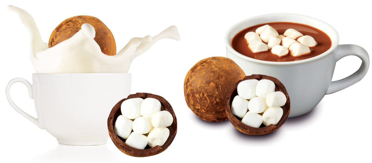 two stock images of a cocoa bomb dropping into a cup and sitting in front of it