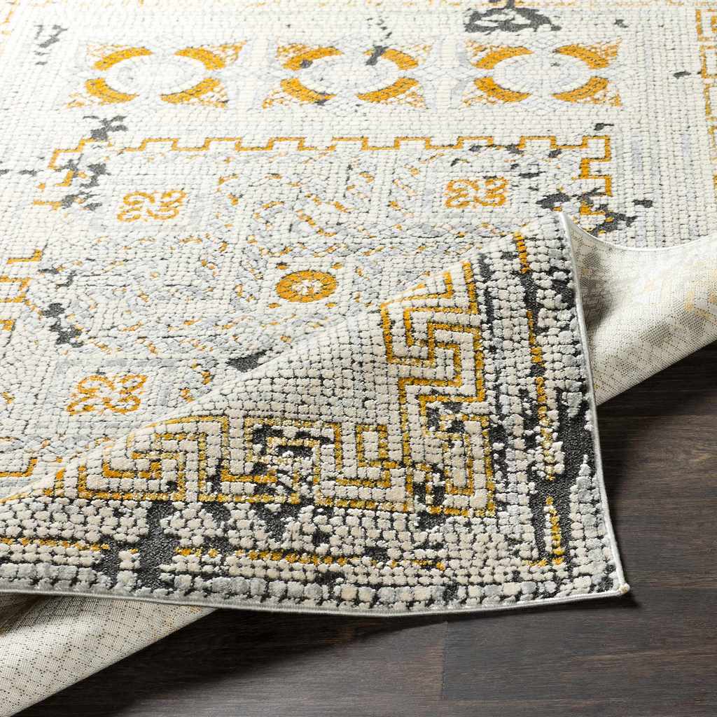 bohemian style area rug with yellow and blue 