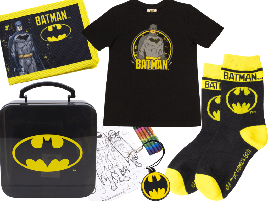 batman tee, lunchbox, socks, wallet and crayons