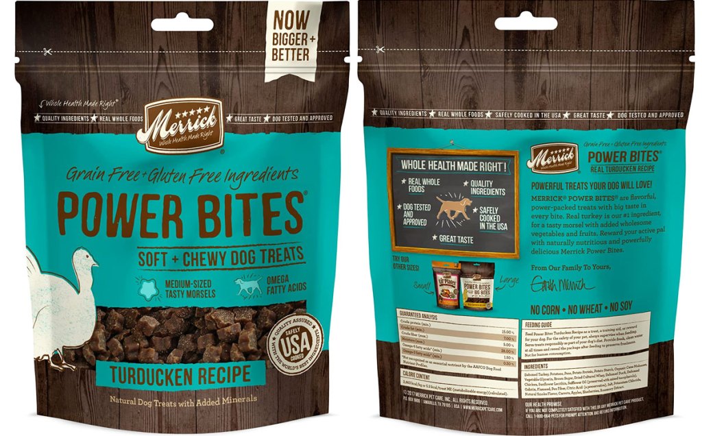 front and back of bag of Merrick dog treats