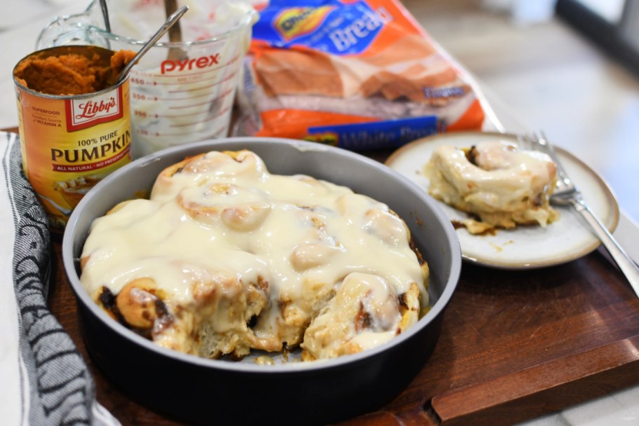 pan of pumpkin cinnamon rolls on the counter 