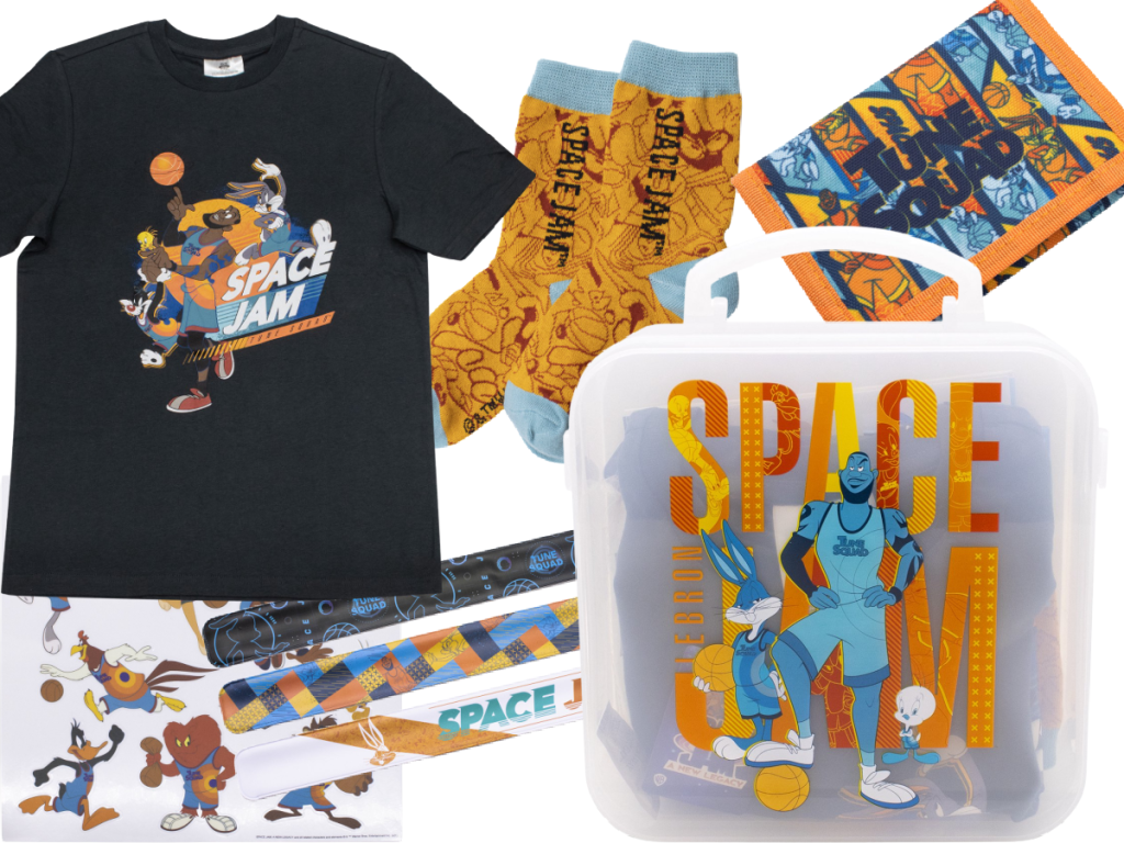 t-shirt, socks, lunchbox, wallet and stickers