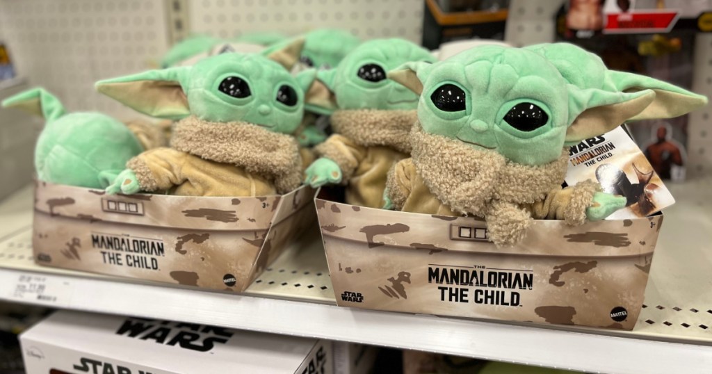 plush baby yoda toys i display baskets on a target store shelf