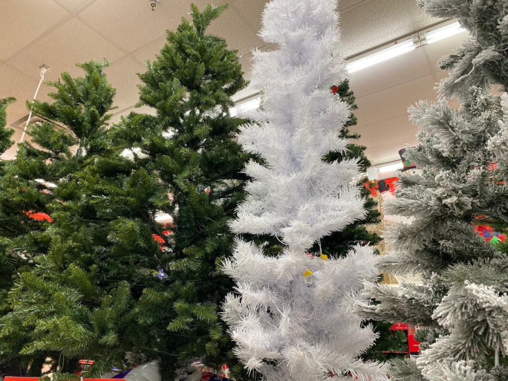 white tinsel christmas tree in store