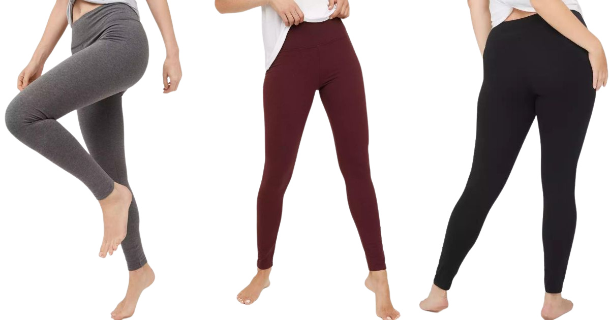 woman wearing gray leggings, burgundy leggings and black leggings