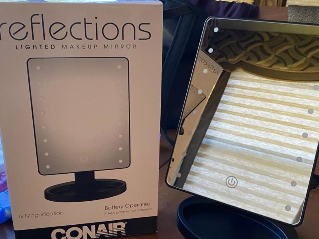 conair reflections lighted makeup mirror on table with box
