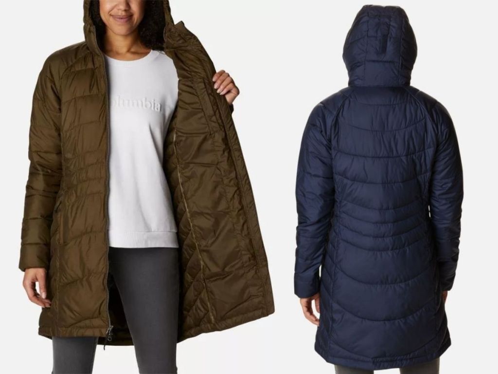 woman wearing green puffer coat and woman wearing blue puffer coat