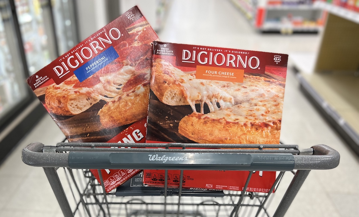 Digiorno pizzas in a Walgreens cart