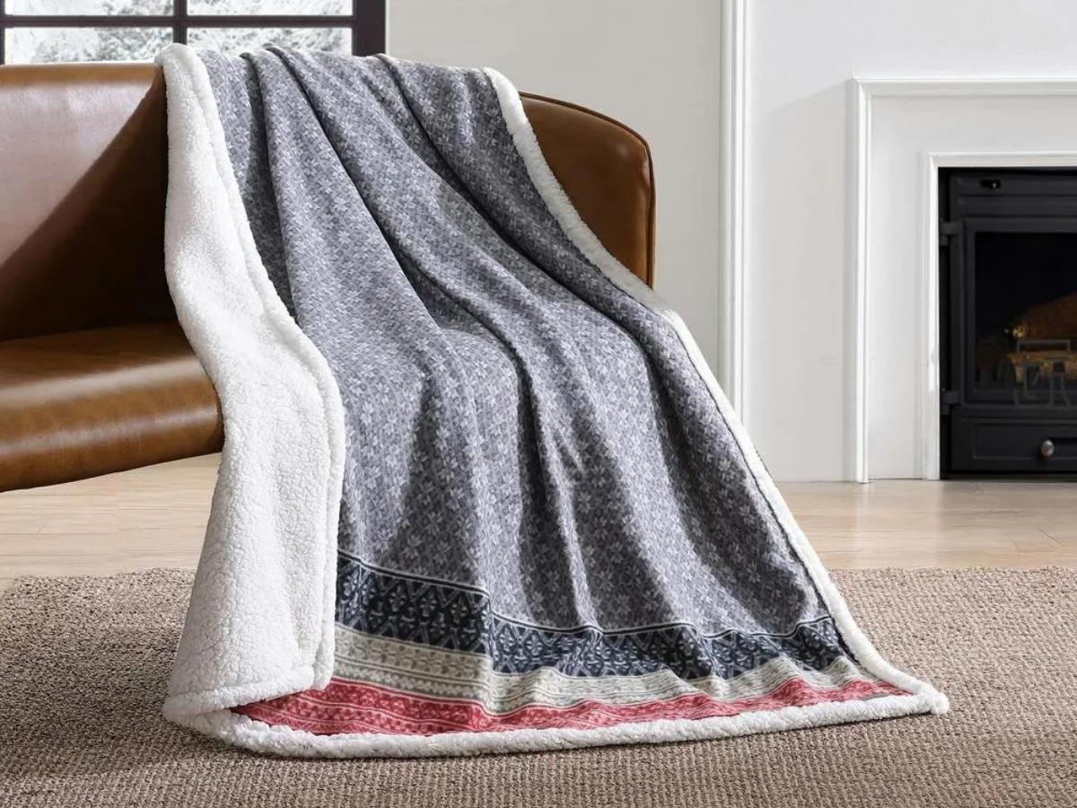 Eddie Bauer Fair Isle Ikat Sherpa Reverse Throw Blanket in Silver