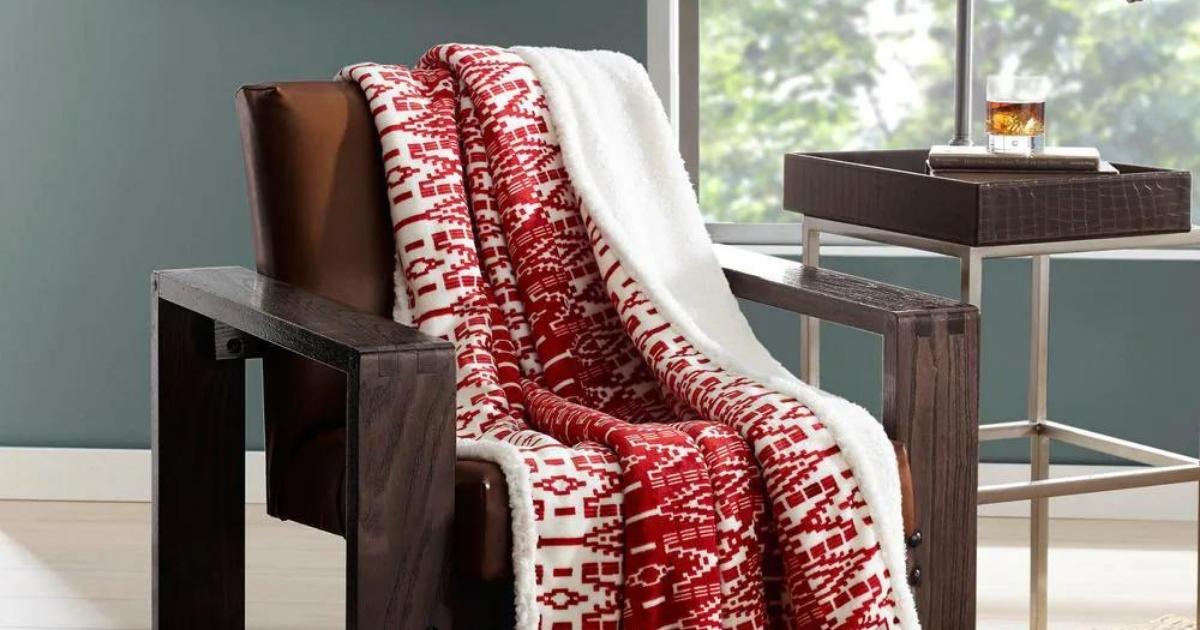 Eddie Bauer Ultra Plush Ikat Sherpa Reverse Throw Blanket in San Juan Red