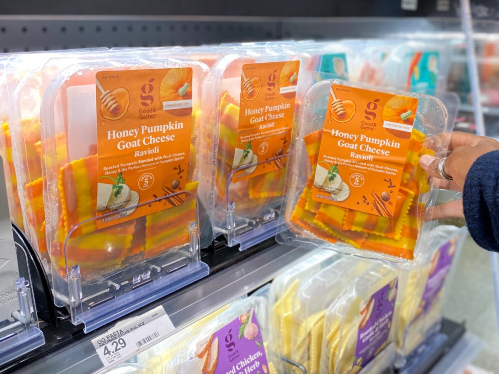 packages of pumpkin honey goat cheese ravioli in store