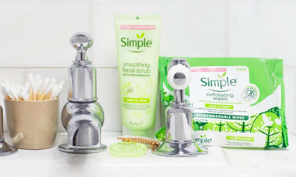 simple beauty products near bathroom sink