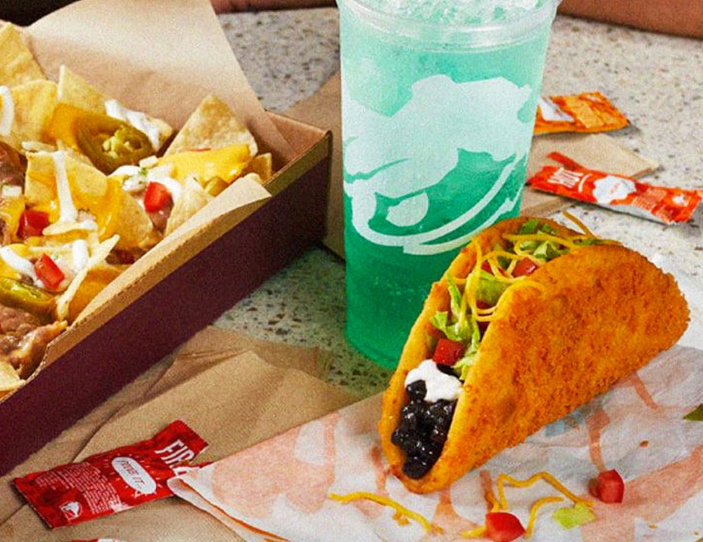 taco bell chalupa, drink, and nachos