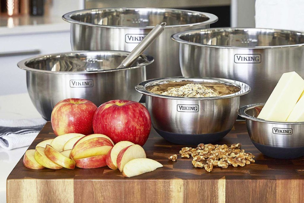 mixing bowl set on wood cutting board