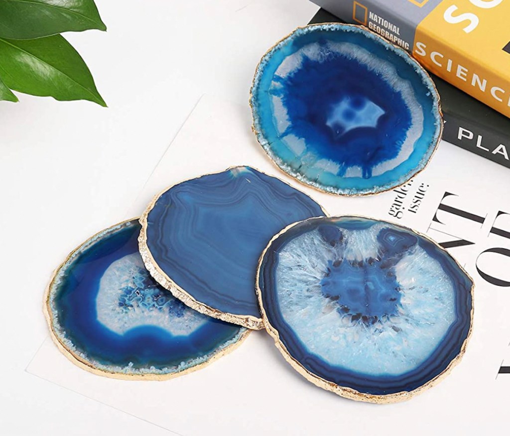 blue agate coasters on white table 