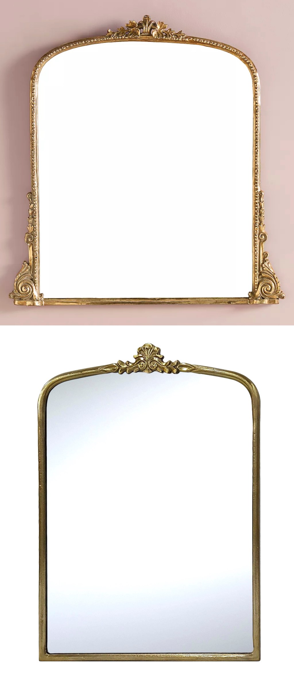 two gold mirrors with white and pink backgrounds