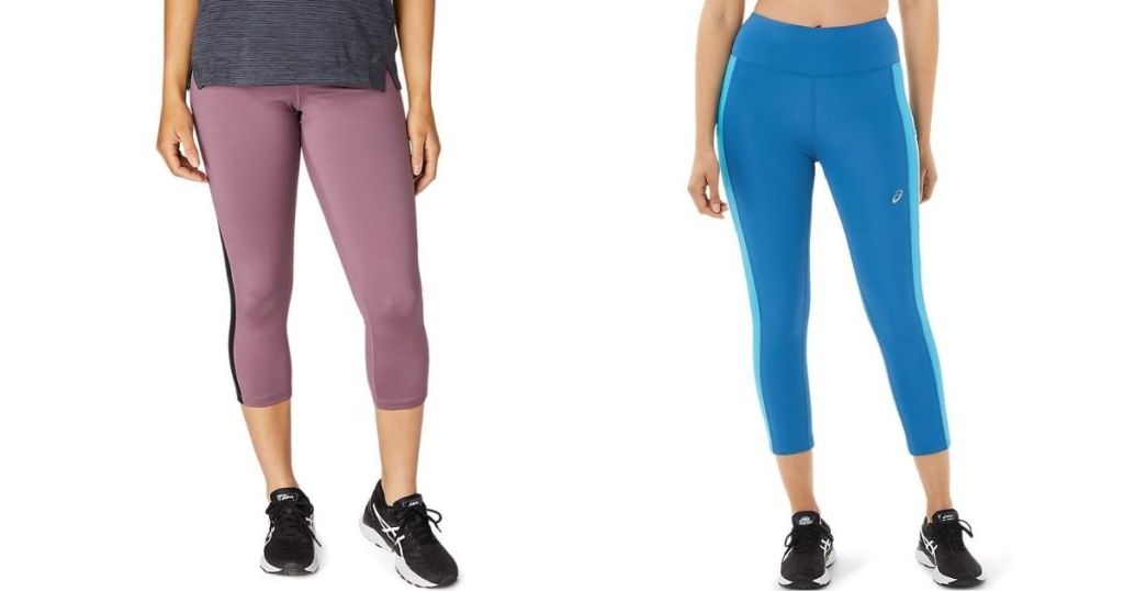 woman wearing purple capris and woman wearing blue capris