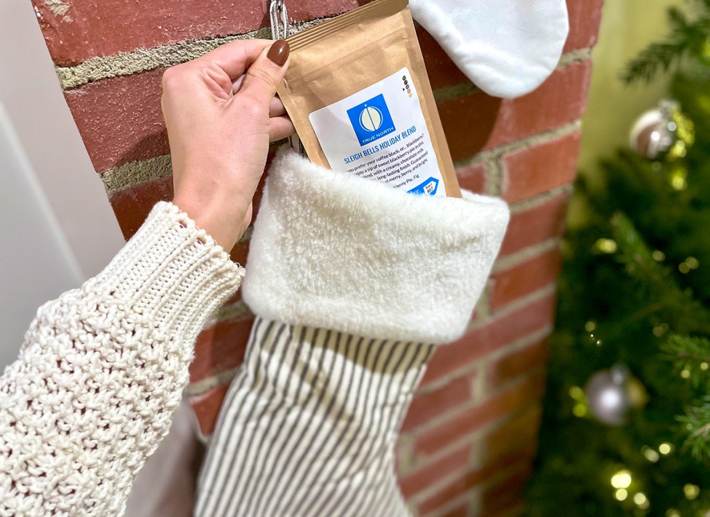 putting bean box coffee bag in stocking