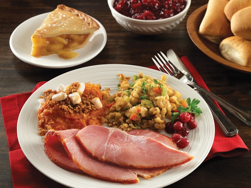 Boston Market ham dinner on table - fast food open on Christmas