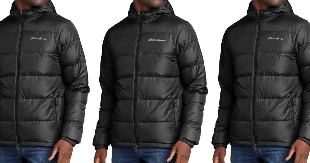 three stock images of a man wearing a black down jacket