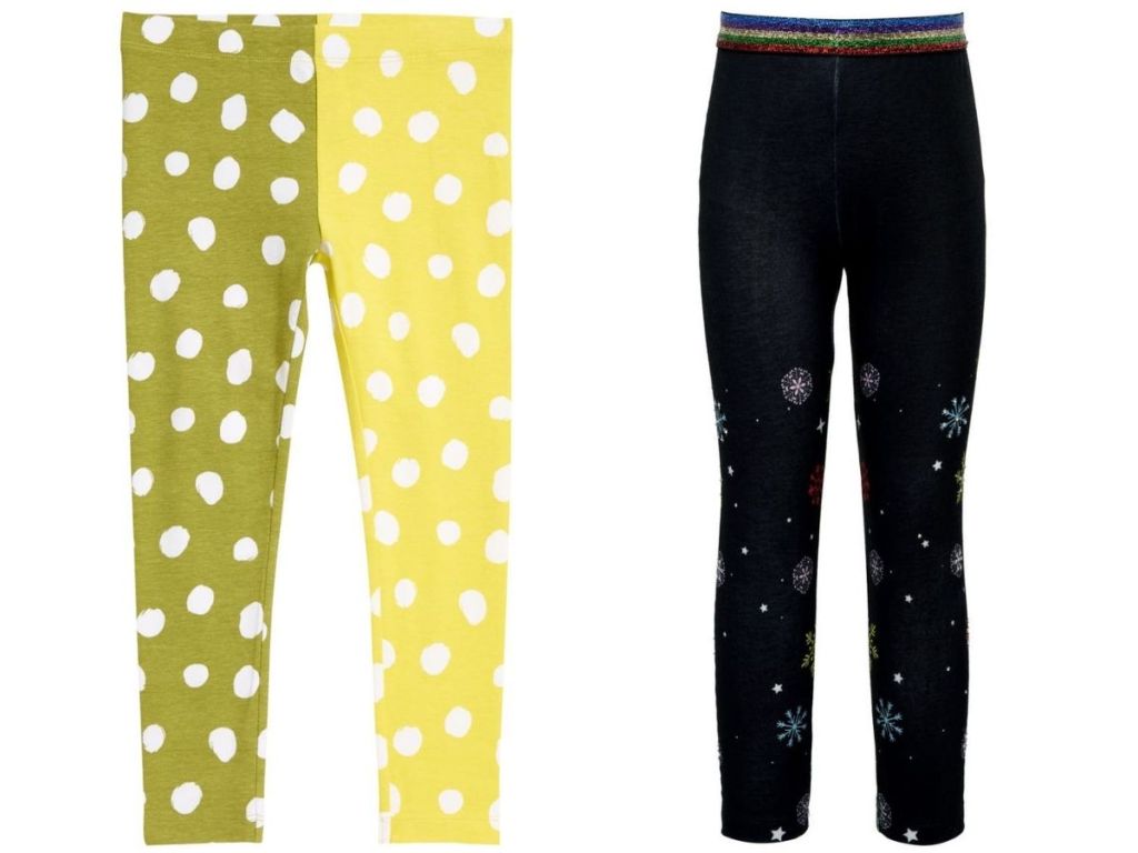 polka dot leggings and snowflake leggings