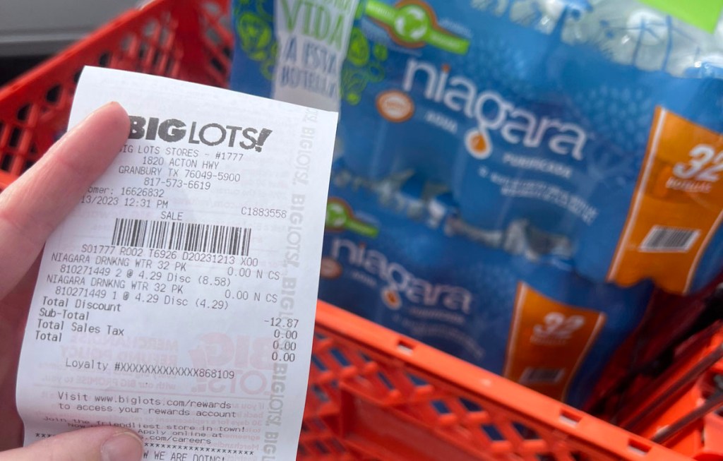 cart with niagara big lots water and reciept 