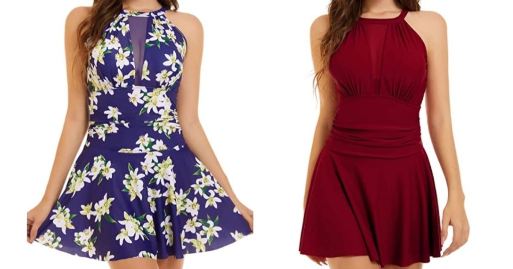 woman wearing one-piece floral swimdress and woman wearing burgundy one-piece swimdress