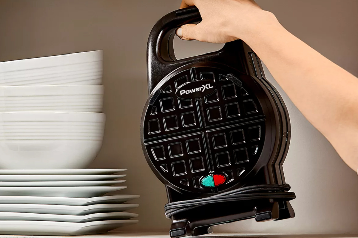 powerxl stuffed waffle maker on top shelf