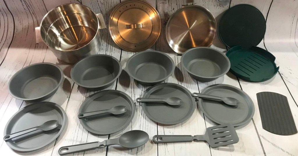 stanley 21 piece camp cookware set laid out on counter top