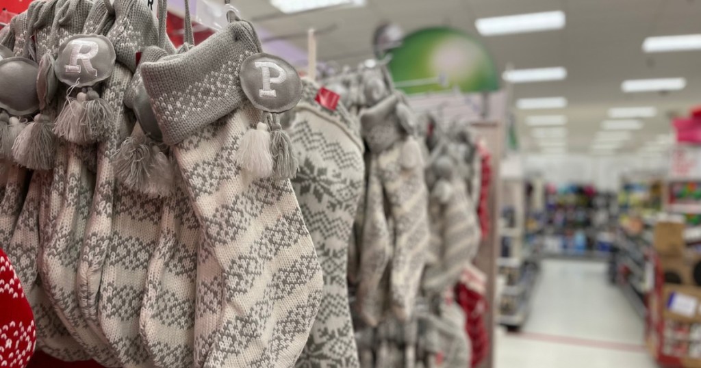 gray and white christmas stockings