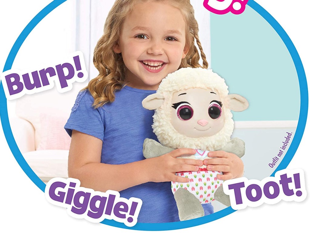 little girl holding plush sheep with words around the image