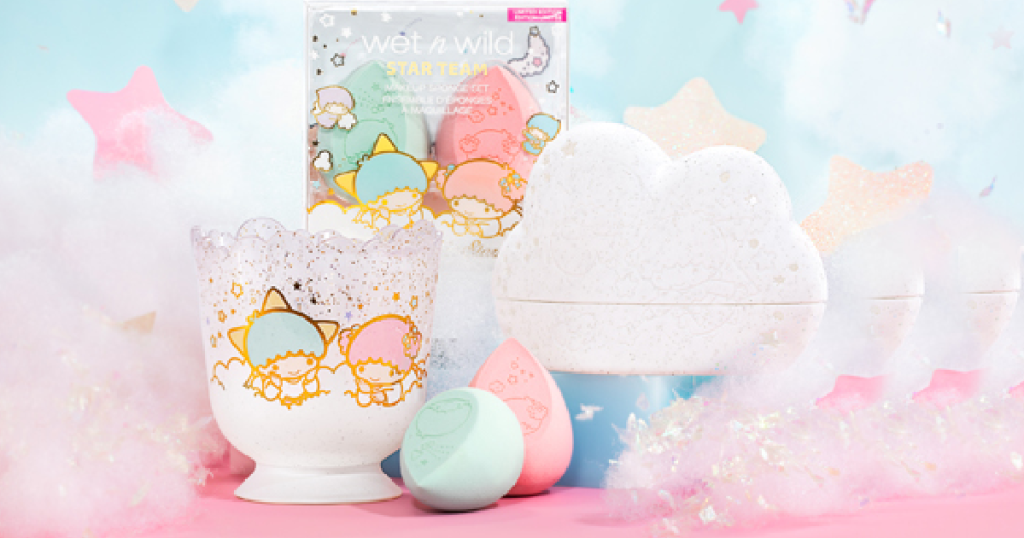make up sponges in pastels sitting on coutner with glitter and cloudlike material
