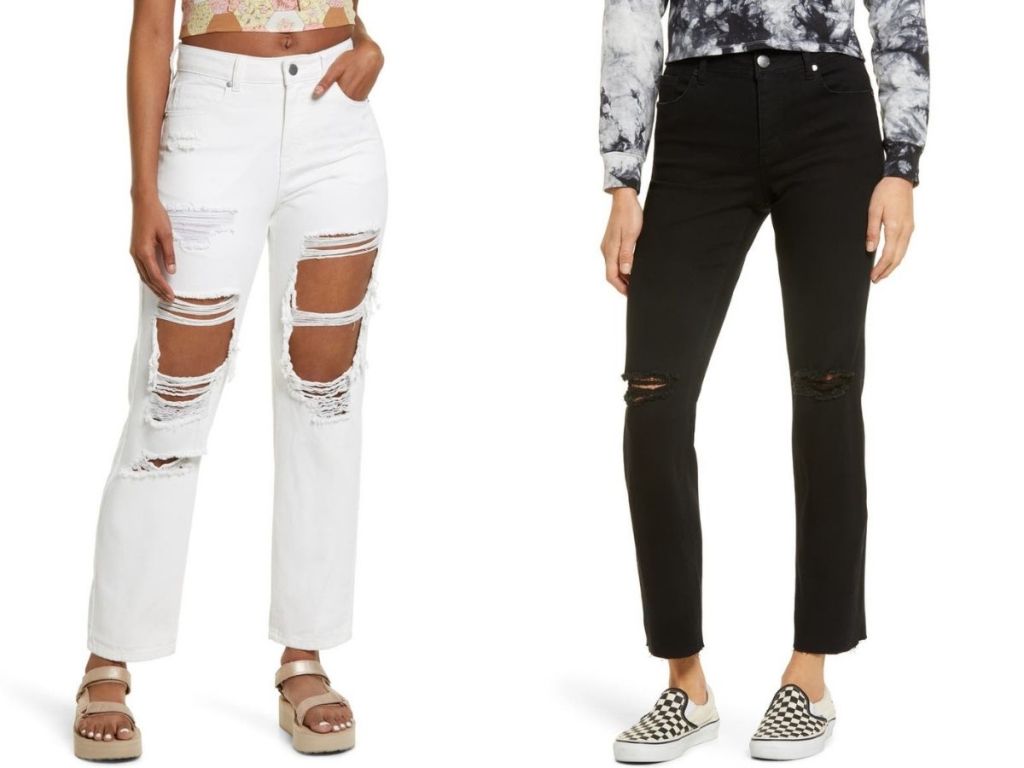 woman wearing ripped white jeans and black jeans