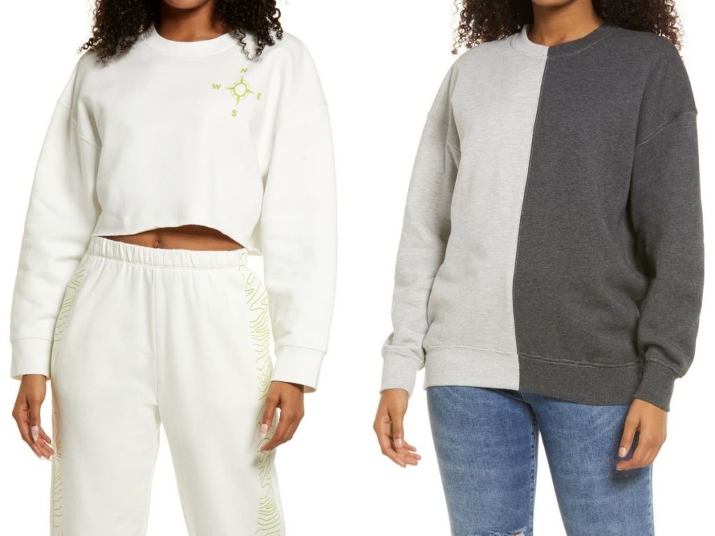 woman wearing half sweatshirt and woman wearing gray and black sweatshirt