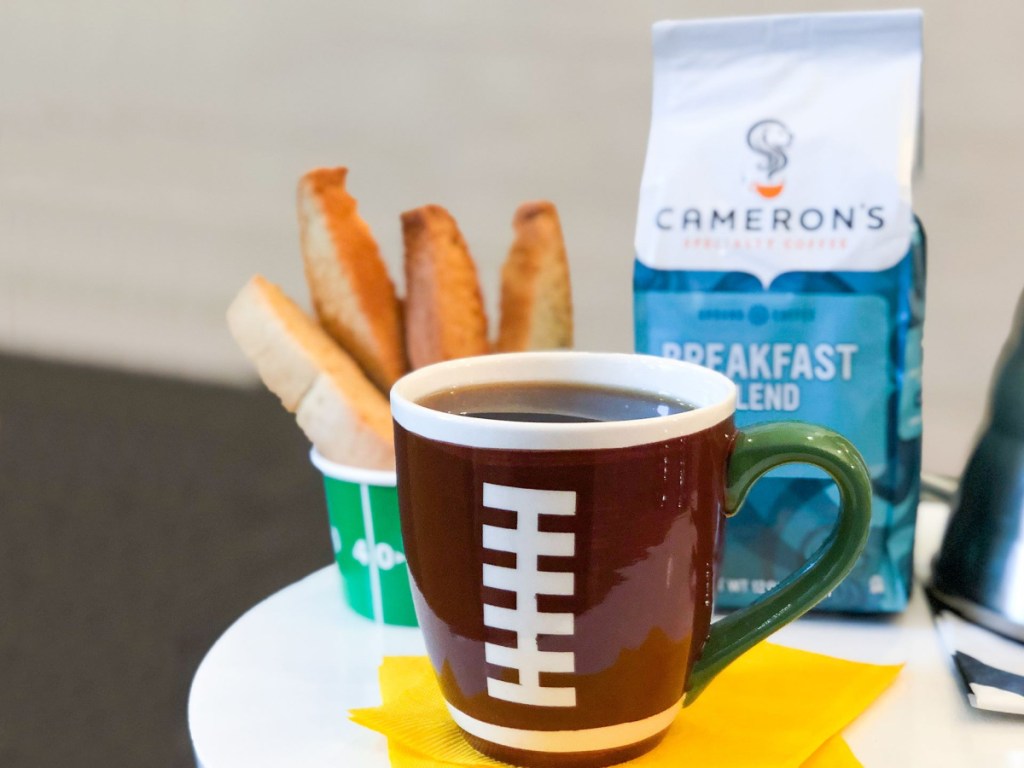 bag of ground coffee and football mug