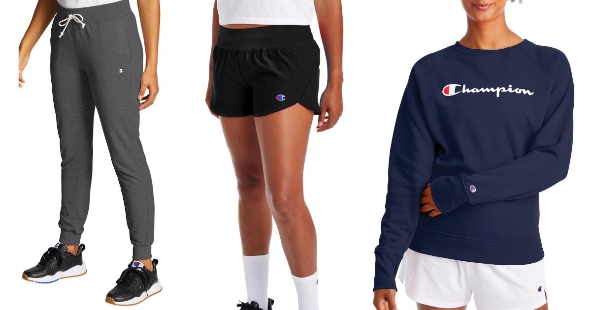 champion women's joggers, shorts and crewneck