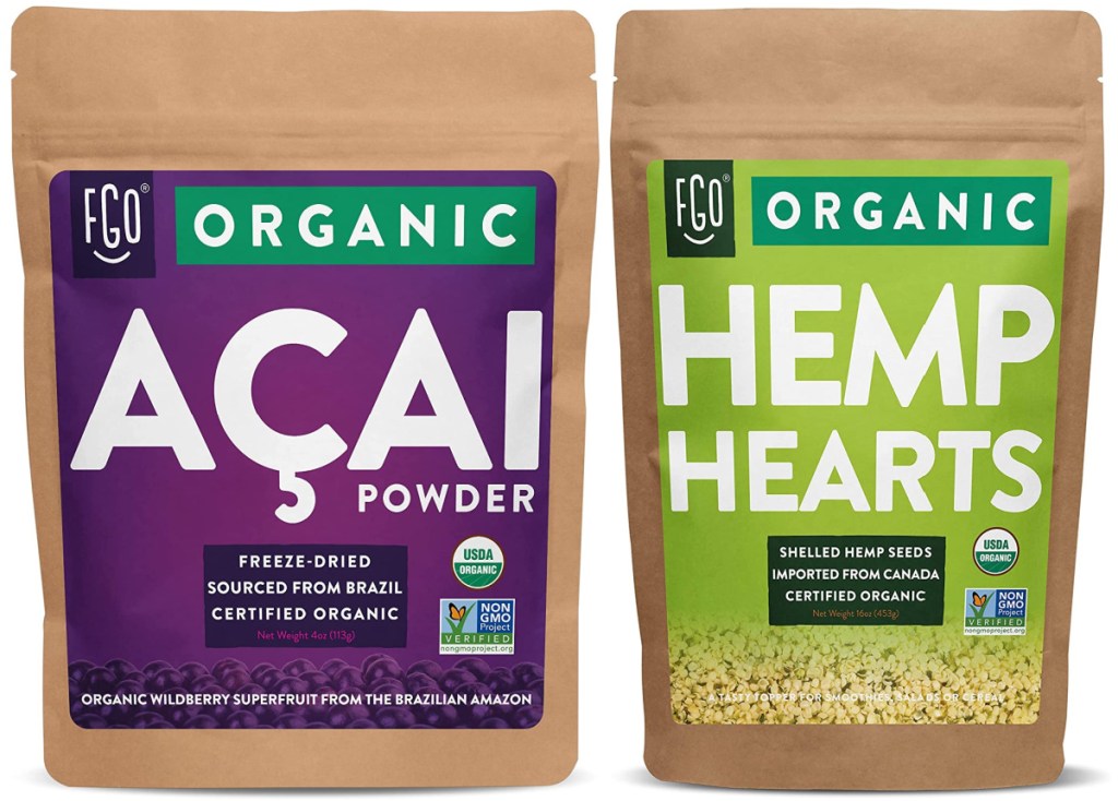 FGO Organic ACAI Powder (Freeze-Dried) 4oz Resealable Bag and Shelled Hemp Hearts 16oz Resealable Bag