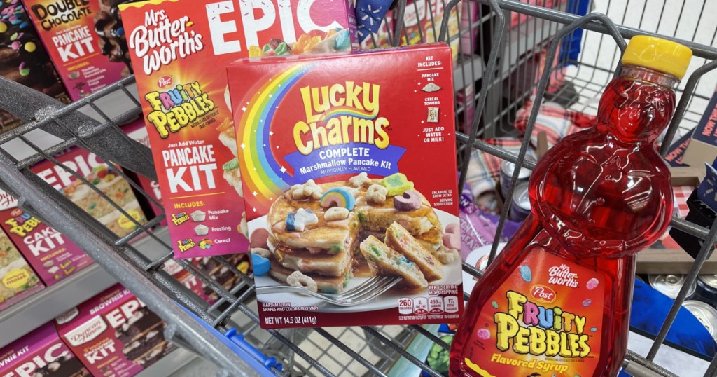 cereal flavored pancake mix and syrup in store cart