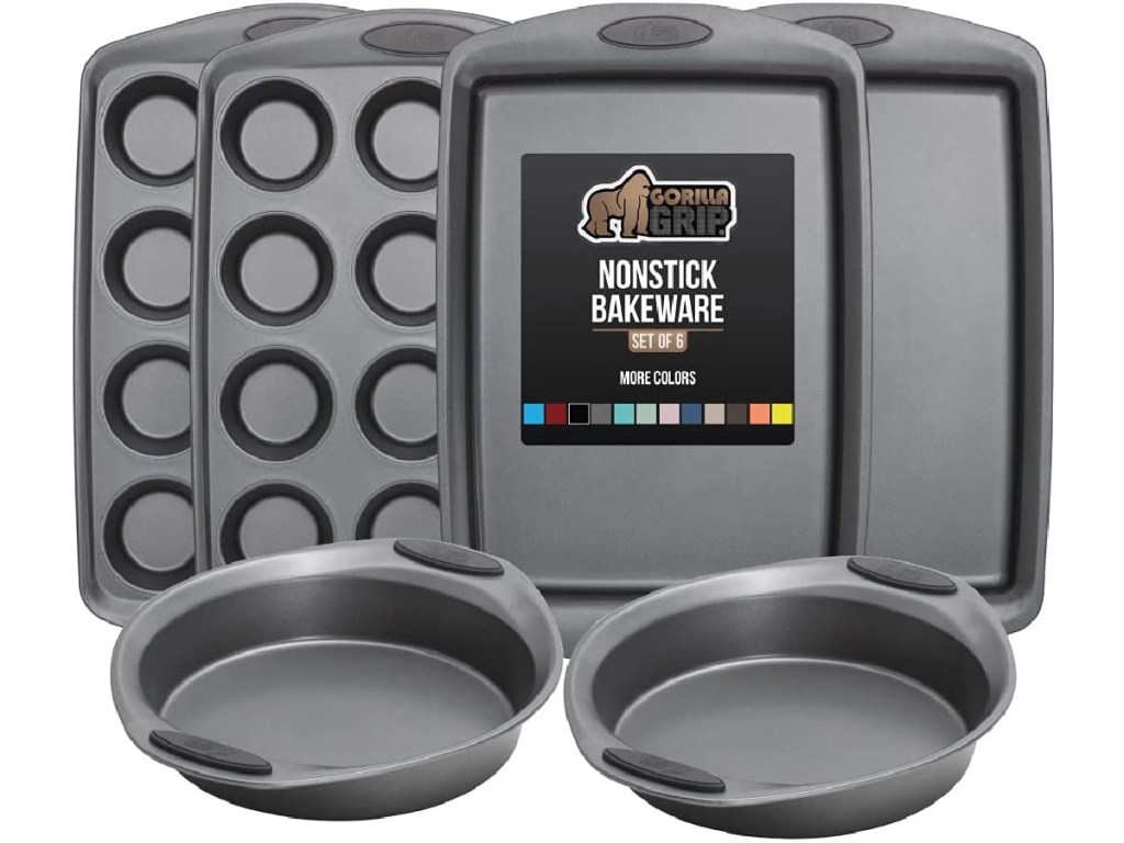 two muffin tins, two round baking pans, and two cookie sheets