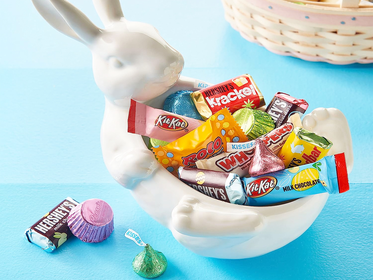 bunny shaped bowl full of hershey's easter candy